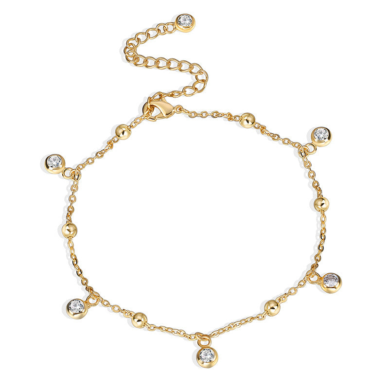 A0027 Modern Simple Versatile Checkered Anklet for Women with Design Sense, Small Round Beads Inlaid with White Zircon Foot Jewelry