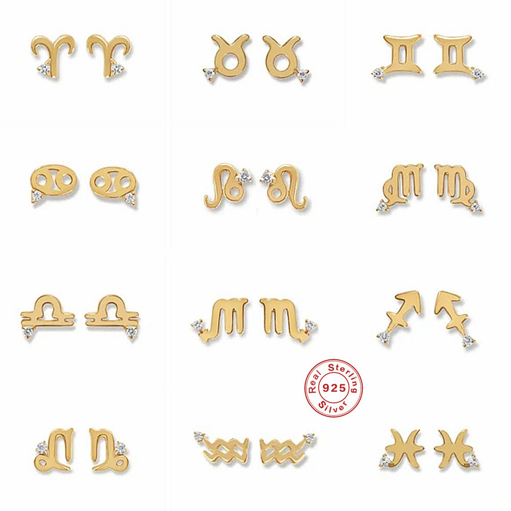 S925Pure Silver Minimalist Smooth Surface Zodiac Diamond-Studded Earrings Hot-Selling Creative Zodiac Earrings