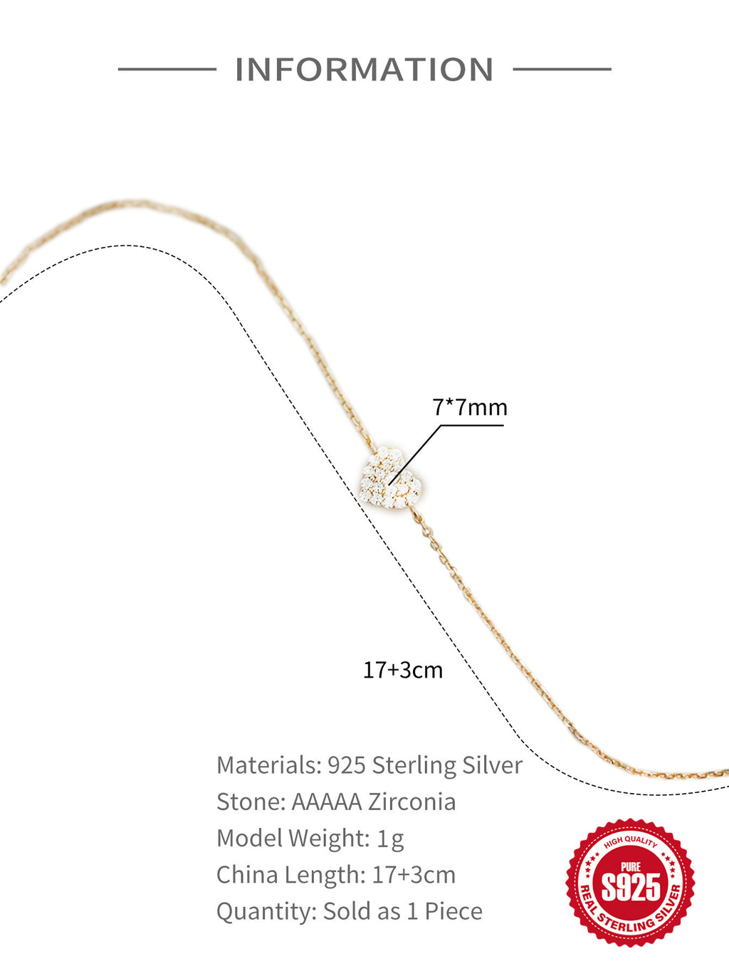 S925 Sterling Silver Plating 14K Gold Zircon Heart Adjustable Bracelet