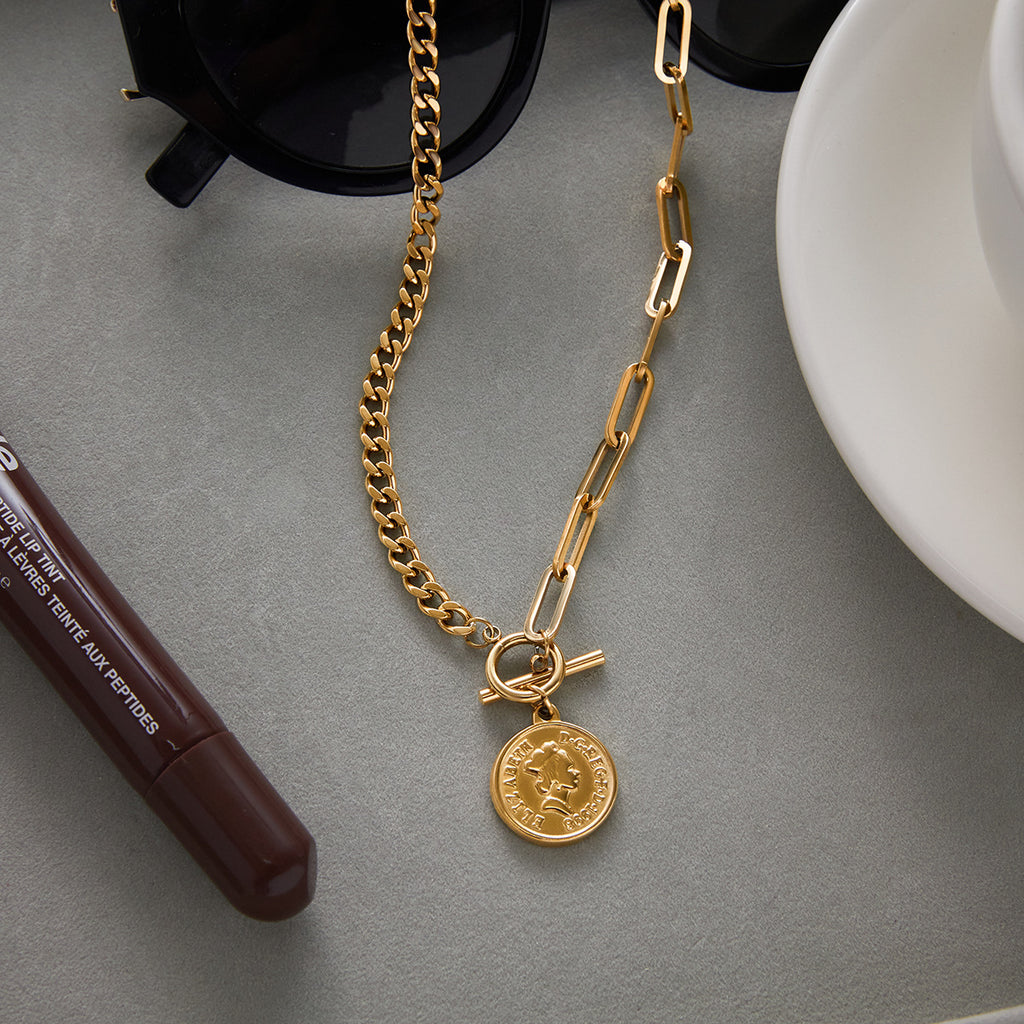 Coin Resin Pearl Pendant Necklace Accessories Female Clavicle Chain Stainless Steel Jewelry