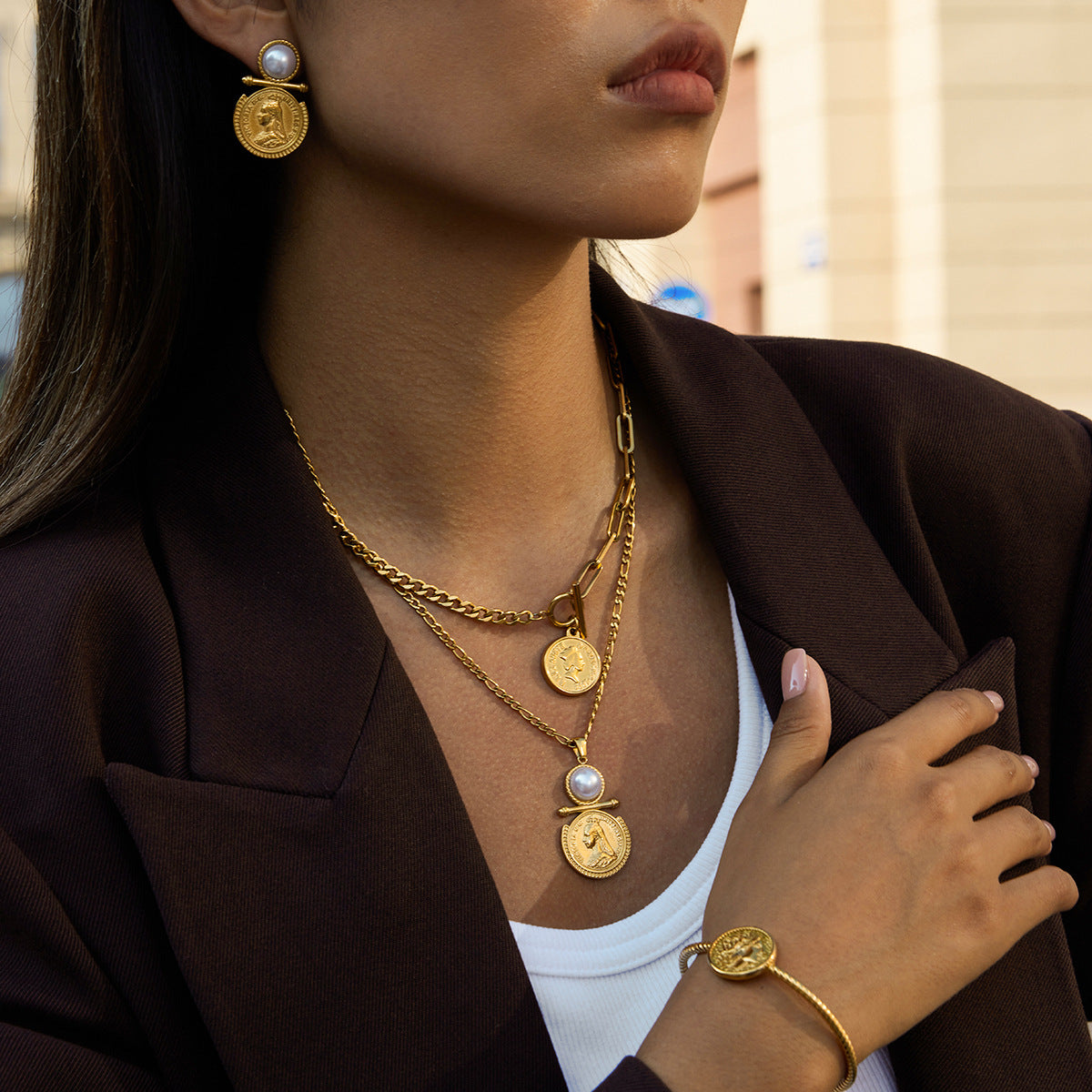 Coin Resin Pearl Pendant Necklace Accessories Female Clavicle Chain Stainless Steel Jewelry