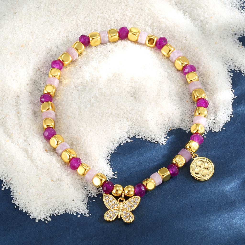 B0277 Bohemian Butterfly Inlaid Zircon Beaded Design Pink Quartz Chalcedony Bracelet