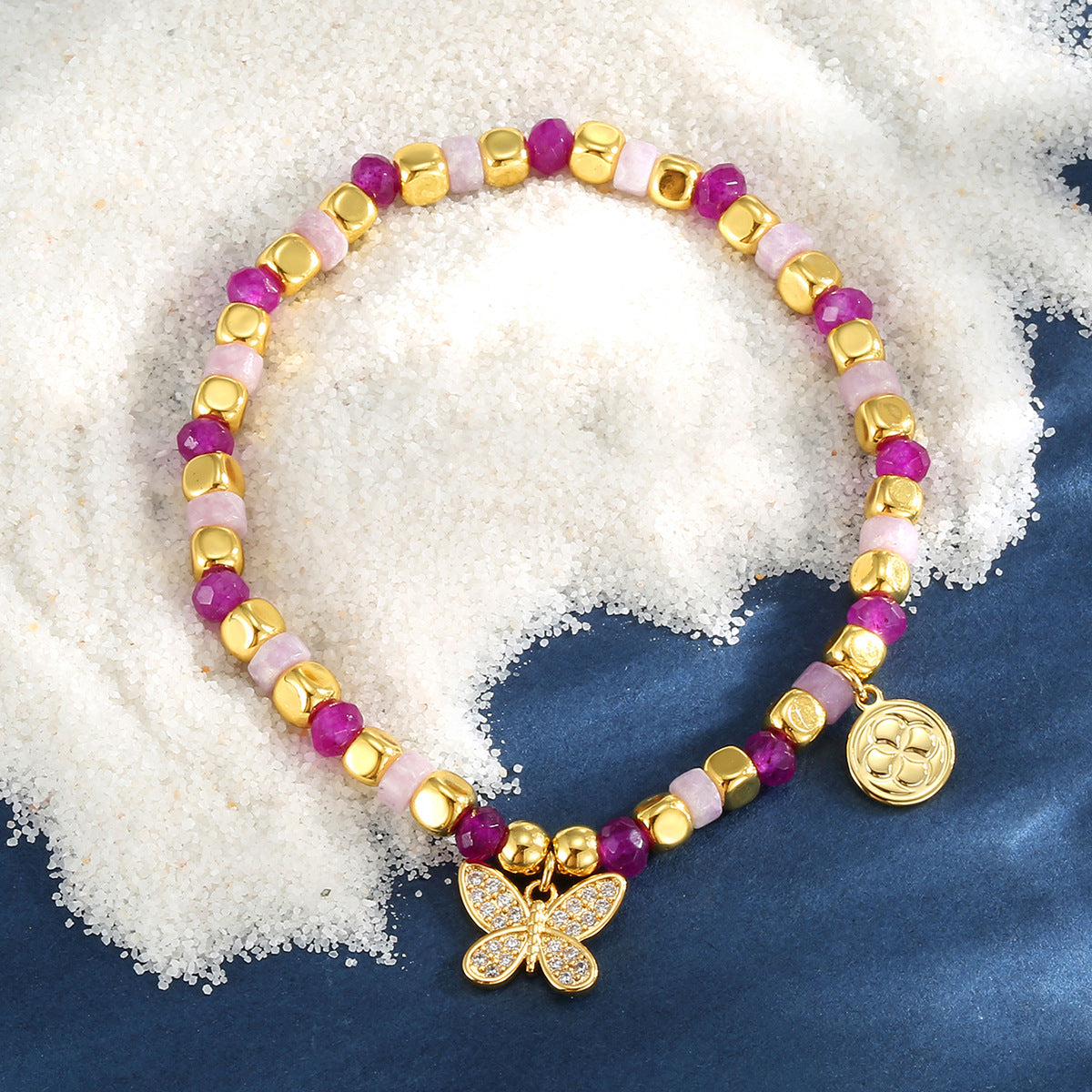 B0277 Bohemian Butterfly Inlaid Zircon Beaded Design Pink Quartz Chalcedony Bracelet