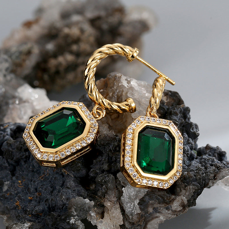 E0566 Vintage Emerald Zircon Earrings for Women with Micro-inlaid White Zircon Design