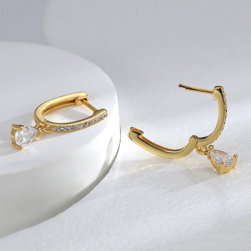 E0599 Fashion Minimalist Cool Style Water Drop Zircon Earrings for Women Copper Gold Plated Micro Inlaid White Zircon Hoop Earrings