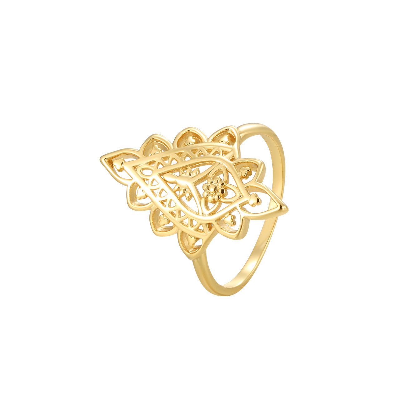 R0439 Classic Retro Design Diamond-Shaped Lace Ring for Women Brass Gold-Plated Personality Hollow Design