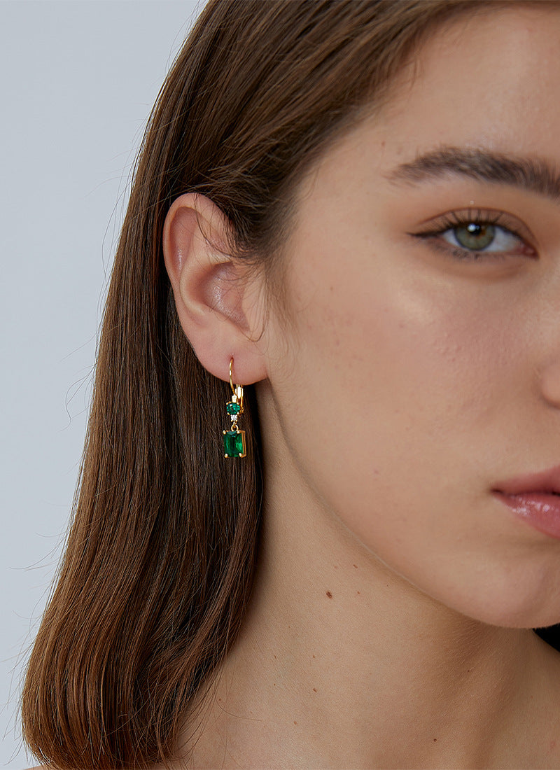 E0477 Design Sense Earrings for Women, Copper Gold-Plated Square Green Zircon Earrings
