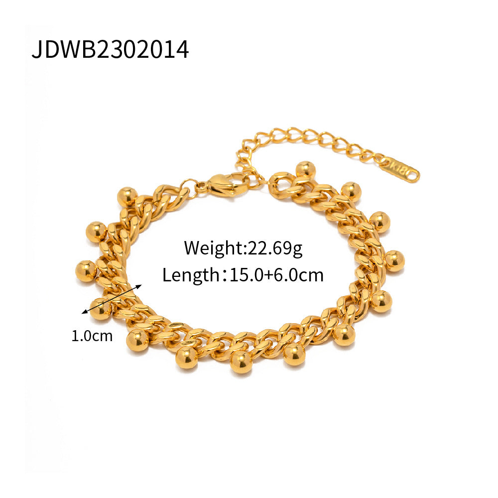 2H  Design18K Gold Stainless Steel Cuban Chain Round Bead Tassel Bracelet Jewelry2025New Trendy Products