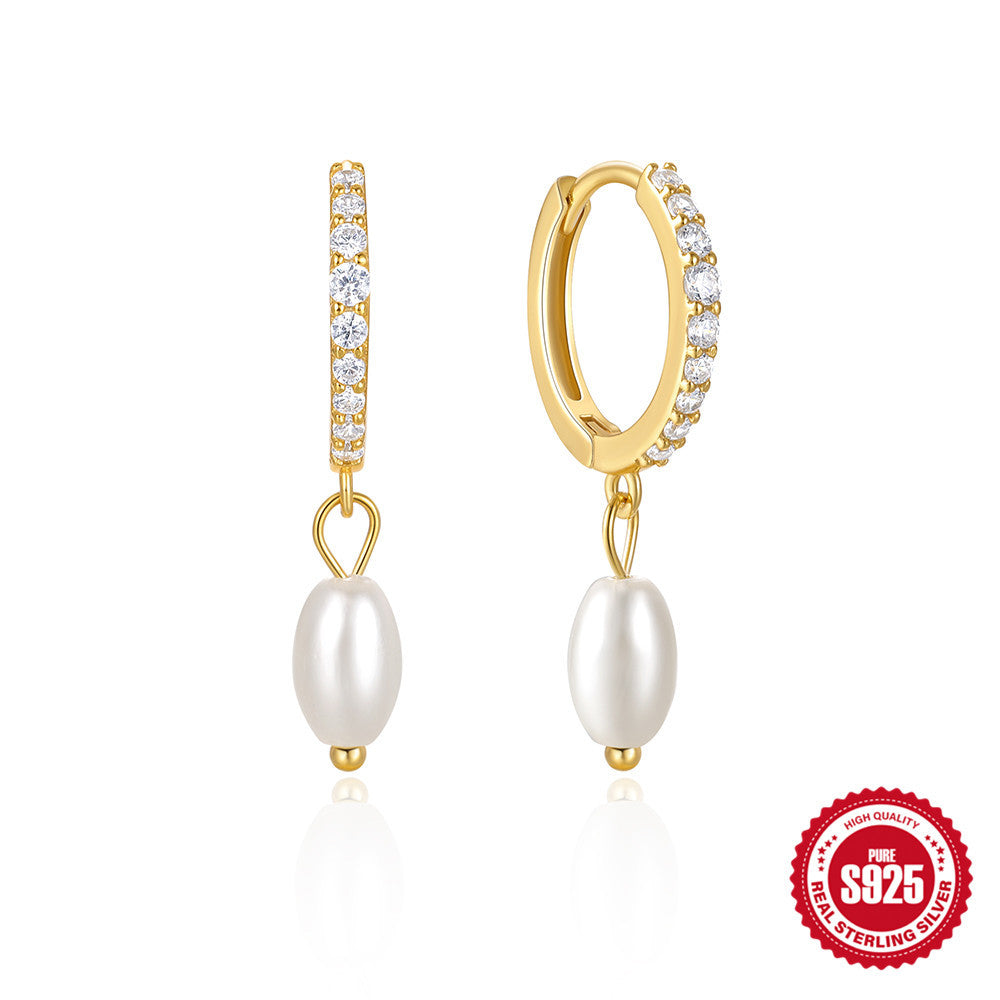 S925Pure Silver Elegant Diamond-Studded Pearl Hoop Earrings Hot-Selling Same Style Pearl Earrings