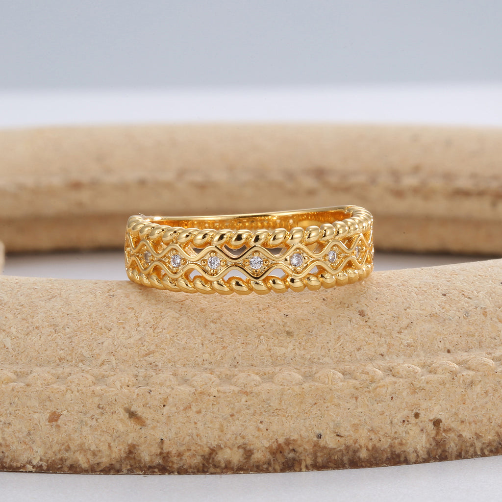 R0181 Unique Design Hollow Micro Inlaid Zircon Ring for Women Copper Plated with Real Gold Minimalist
