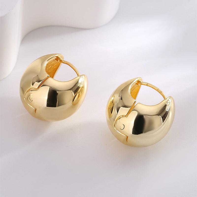 E0622 Creative Fashion Simple Round Ball Earrings for Women Copper Plated Real Gold Smooth Minimalist Style Ear Jewelry
