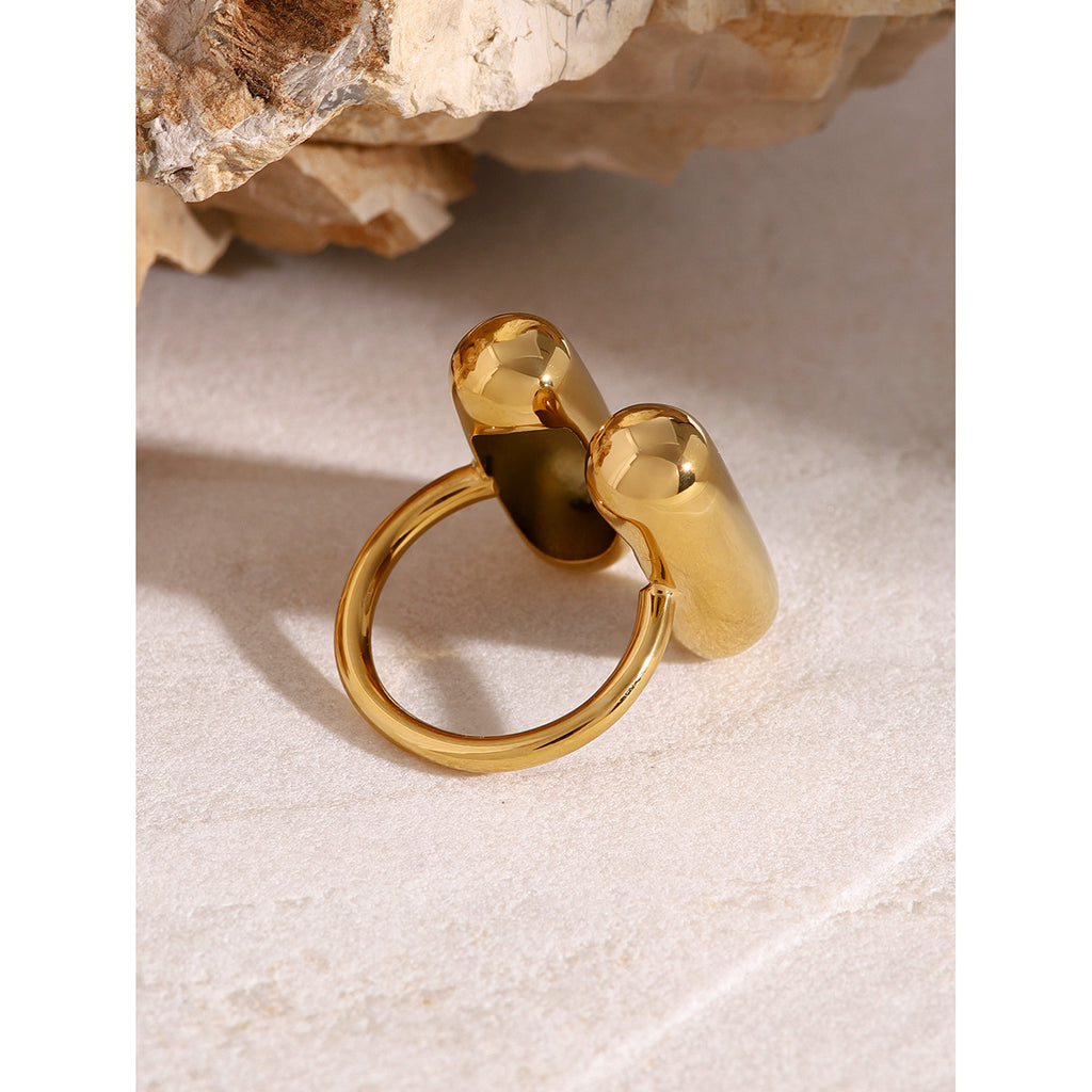 2H 18K Gold Stainless Steel Ring Fashion Trend Unique Double Capsule Shape Open Ring