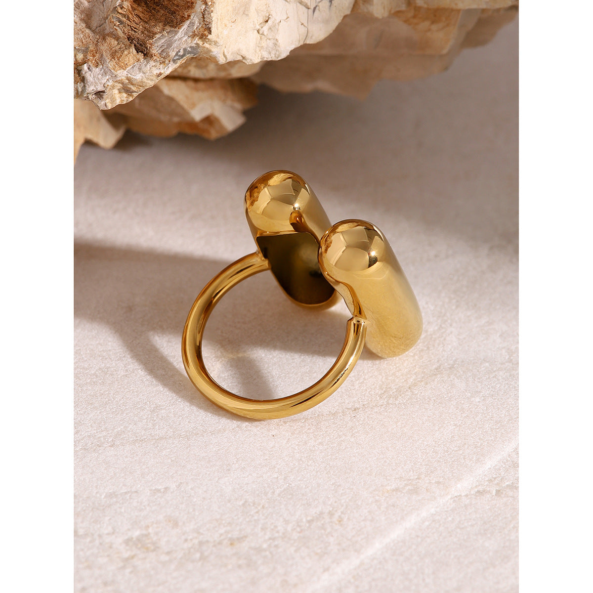 2H 18K Gold Stainless Steel Ring Fashion Trend Unique Double Capsule Shape Open Ring