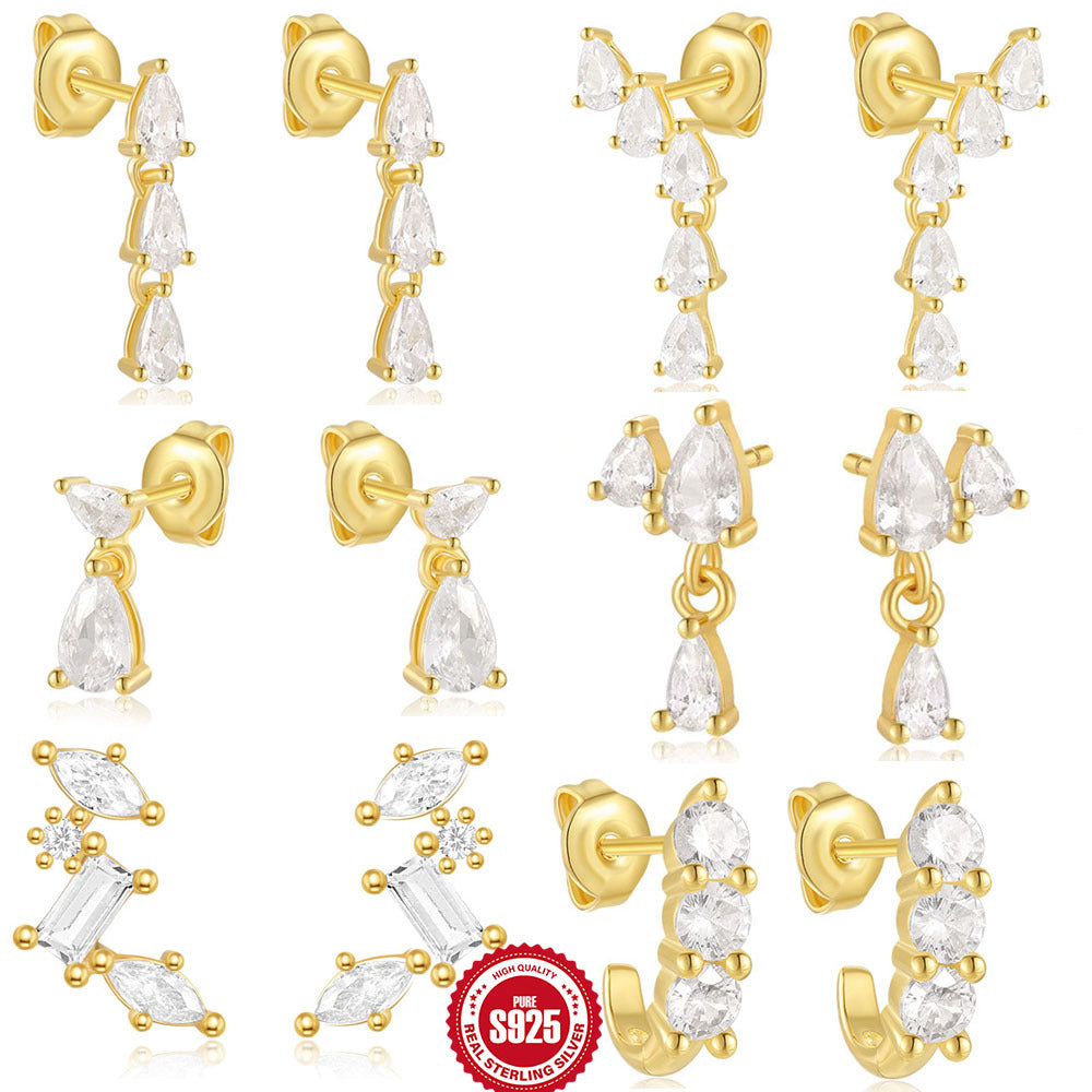 S925Sterling Silver Multi-layer Marquise Water Drop Splicing Stud Earrings Hot-selling Super Flash Diamond-studded Ear Jewelry