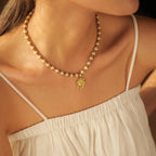 2H  Fashion Trendy Style18k Gold Stainless Steel Inlaid Pearl Coin Pendant Necklace Jewelry