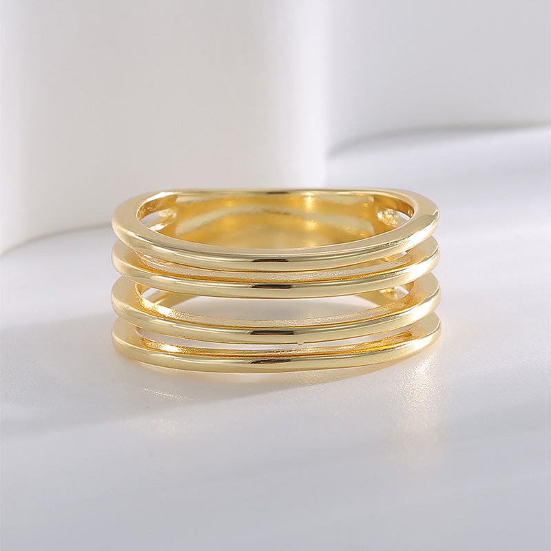R0610 Multi-layer Hollow Ring for Women, Brass Gold-plated Simple Smooth Minimalist Ring