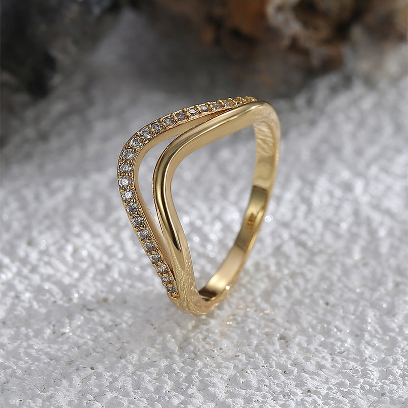 R0579 Fashion Double Layer Design Ring for Women Brass Gold Plated Micro Inlaid White Zircon