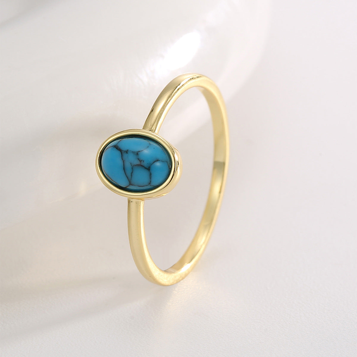R0677 Bohemian Checkered Design Ring for Women gold Inlaid Oval Turquoise Vintage