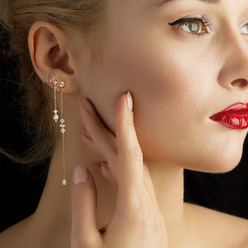 S925Sterling Silver Tassel Chain Inlaid Diamond Earrings Studs Ear Lines Japanese and Korean Ear Jewelry