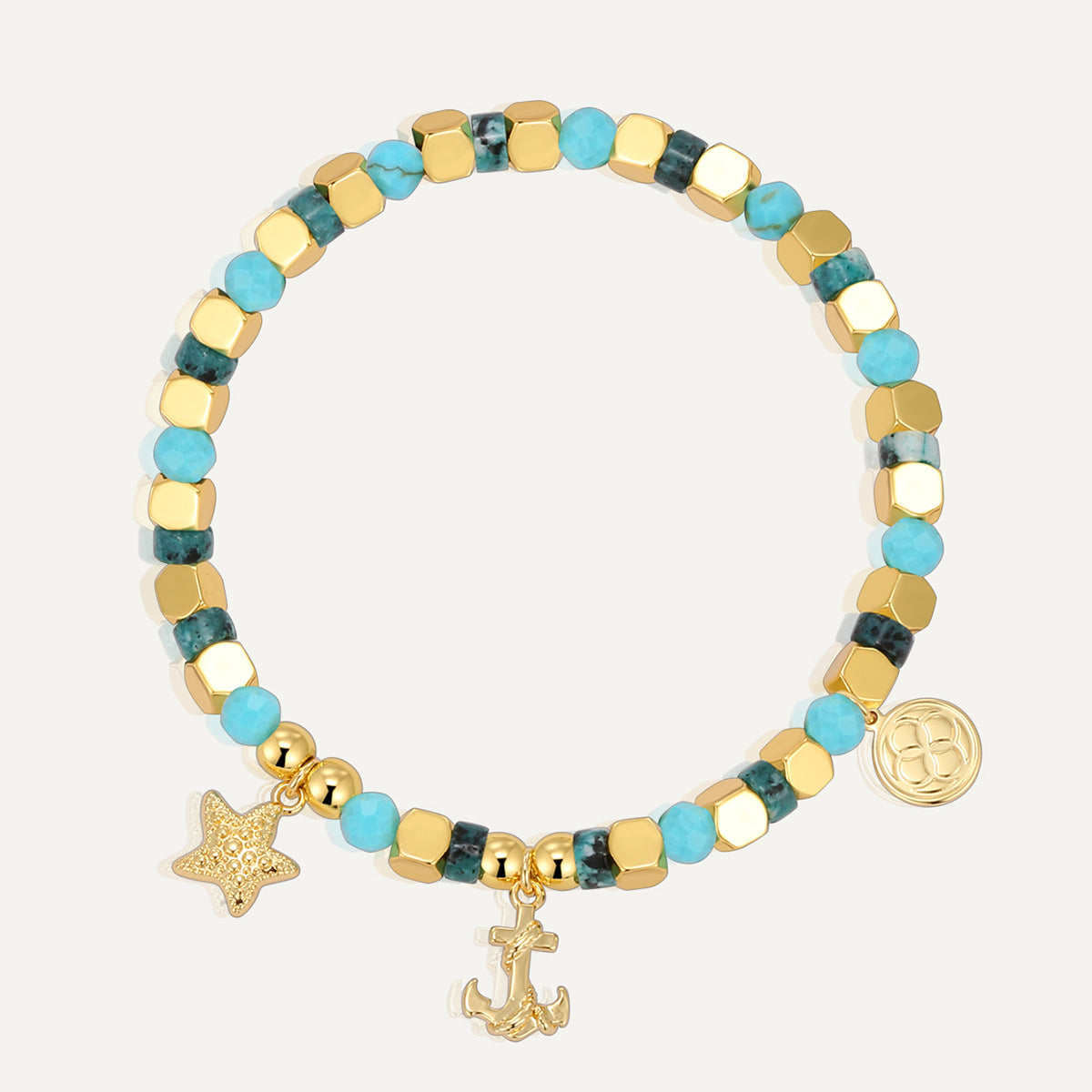 B0285 Fashion Bohemian Retro Starfish Anchor Bracelet Ocean Blue Turquoise Beads