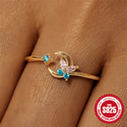 New S925Sterling Silver Bow Moon Colorful Diamond Open Ring Hot-Selling Opal Index Finger Ring