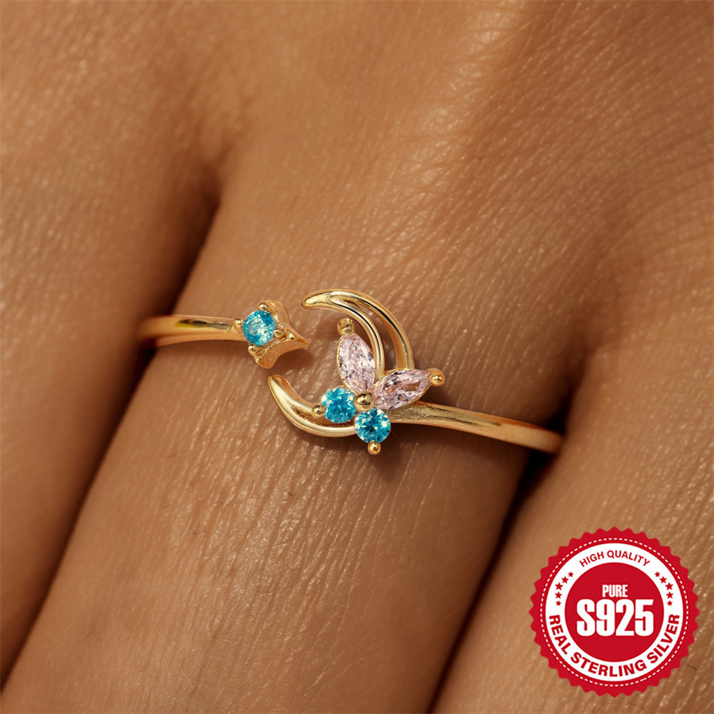 New S925Sterling Silver Bow Moon Colorful Diamond Open Ring Hot-Selling Opal Index Finger Ring
