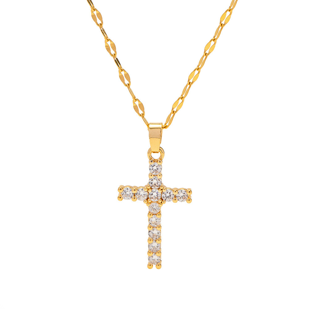 18K Stainless Steel Inlaid White Zircon Cross Pendant Necklace Non-Fading Jewelry