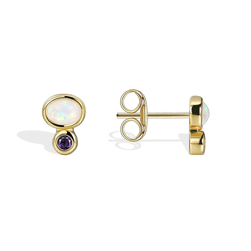 E0368 Korean Style Simple Copper Gold-Plated Round Purple Zircon Earrings for Women Synthetic Opal Stud Earrings In Stock