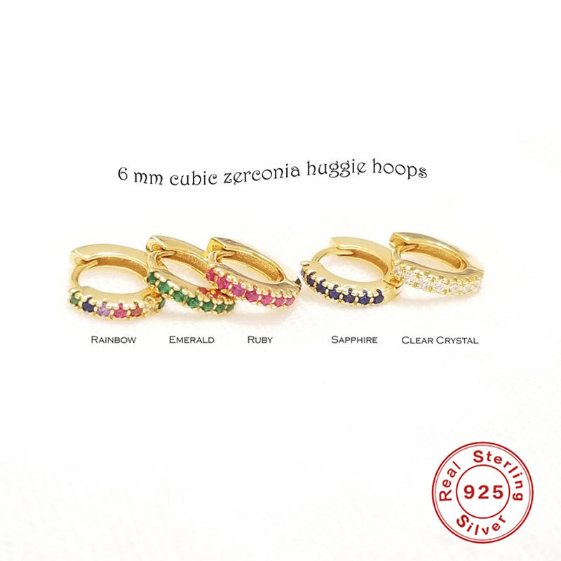 S925Sterling Silver Round Micro Pave Zircon Trendy Colorful Ear Cuffs Multi Size Earrings Hoop Earring