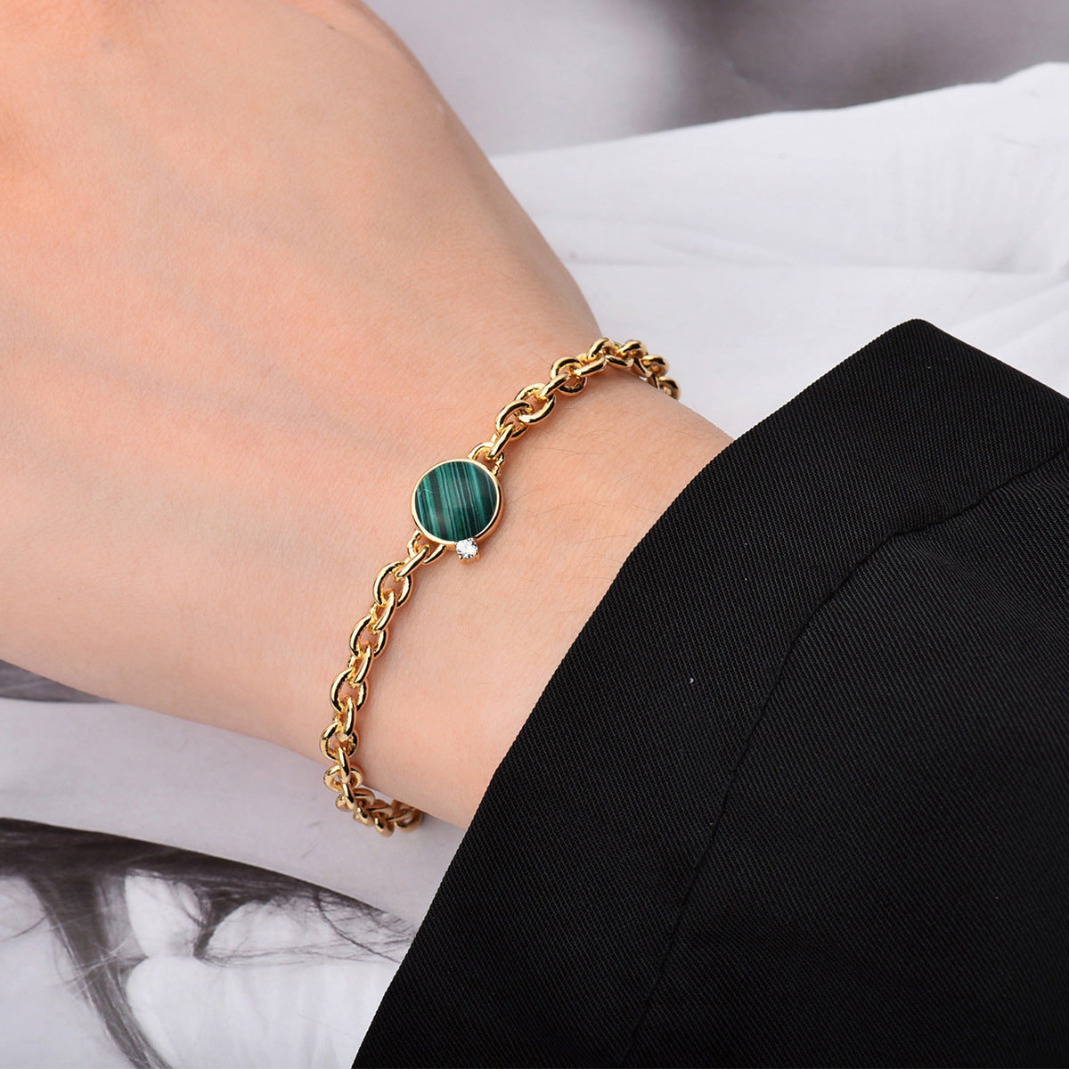 B0036 Exaggerated Natural Stone Round Bracelet for Women Bohemian Thick Chain Short Jewelry