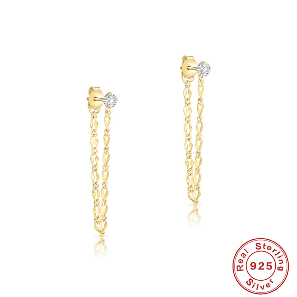 S925Sterling Silver Tassel Inlaid Diamond Mini Pentagram Ear Thread Earrings Korean and Japanese Style Women's Ear Jewelry