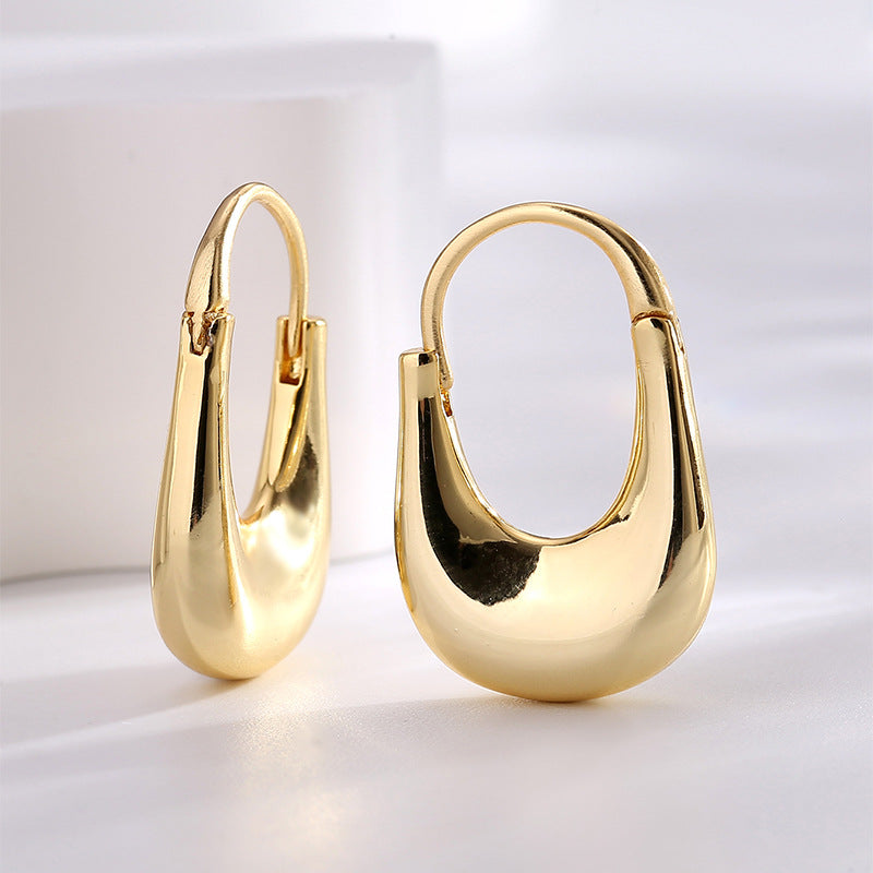 E0684 Elegant and Simple U Shaped Glossy Earrings for Women, Brass Gold-Plated, Vintage Versatile, Minimalist Large Earrings