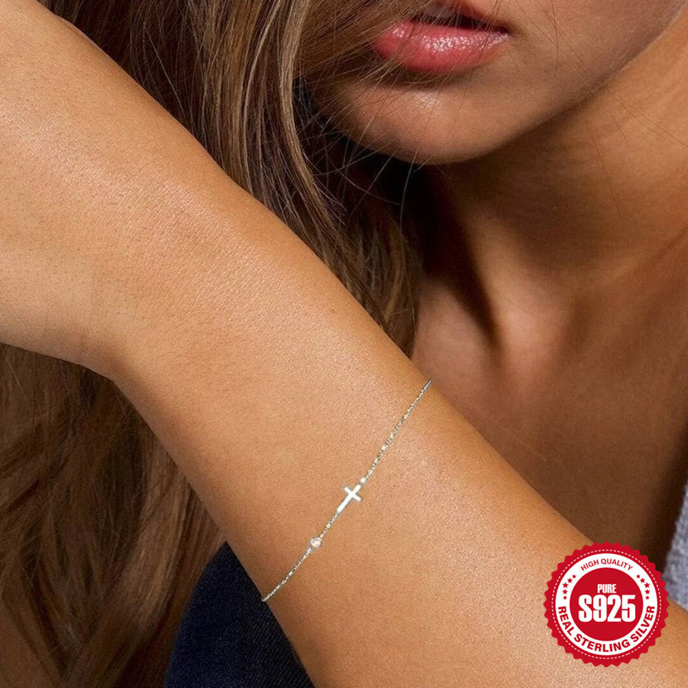 S925 Sterling Silver Mini Cross Single Diamond Bracelet For Women
