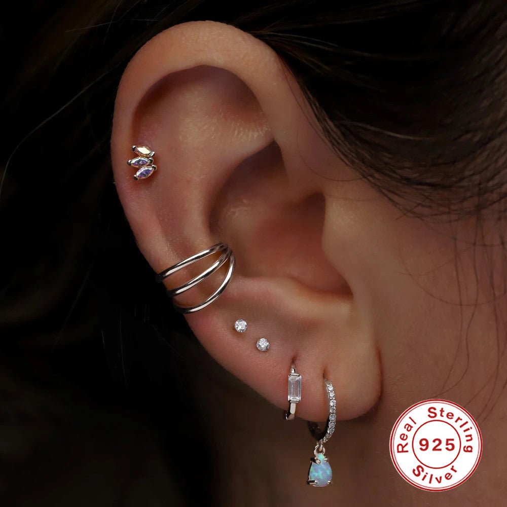 Ear Cartilege Color S925Sterling Silver Double Layer Diamond-Studded Cartilage Piercing Ear ...