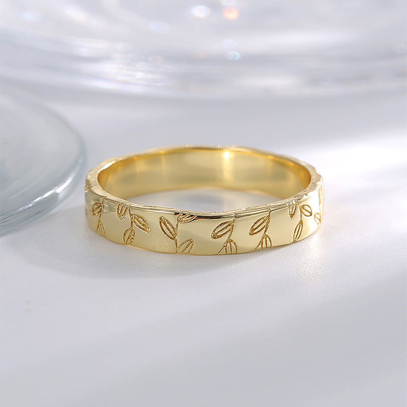 R0630 Design Leaf Pattern Ring for Women, Brass Gold-Plated, Vintage Simple Style