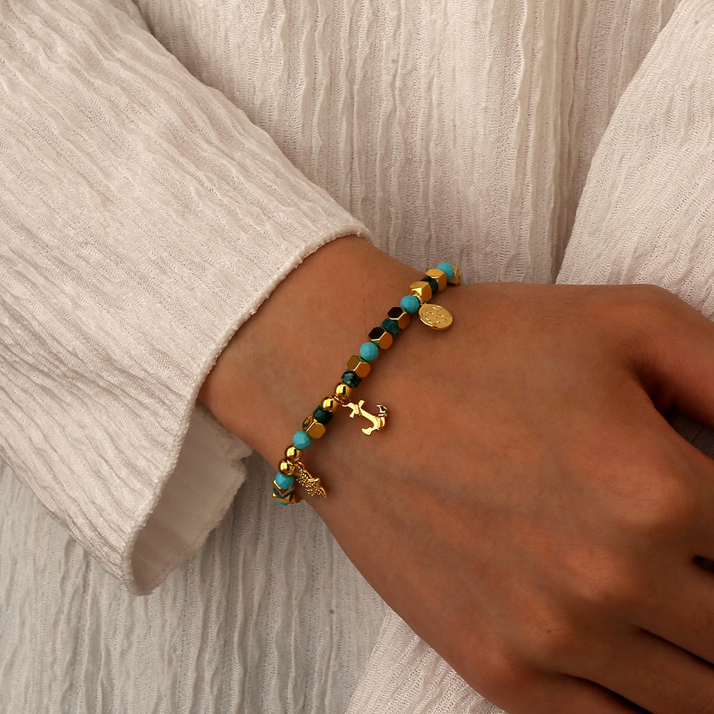 B0285 Fashion Bohemian Retro Starfish Anchor Bracelet Ocean Blue Turquoise Beads