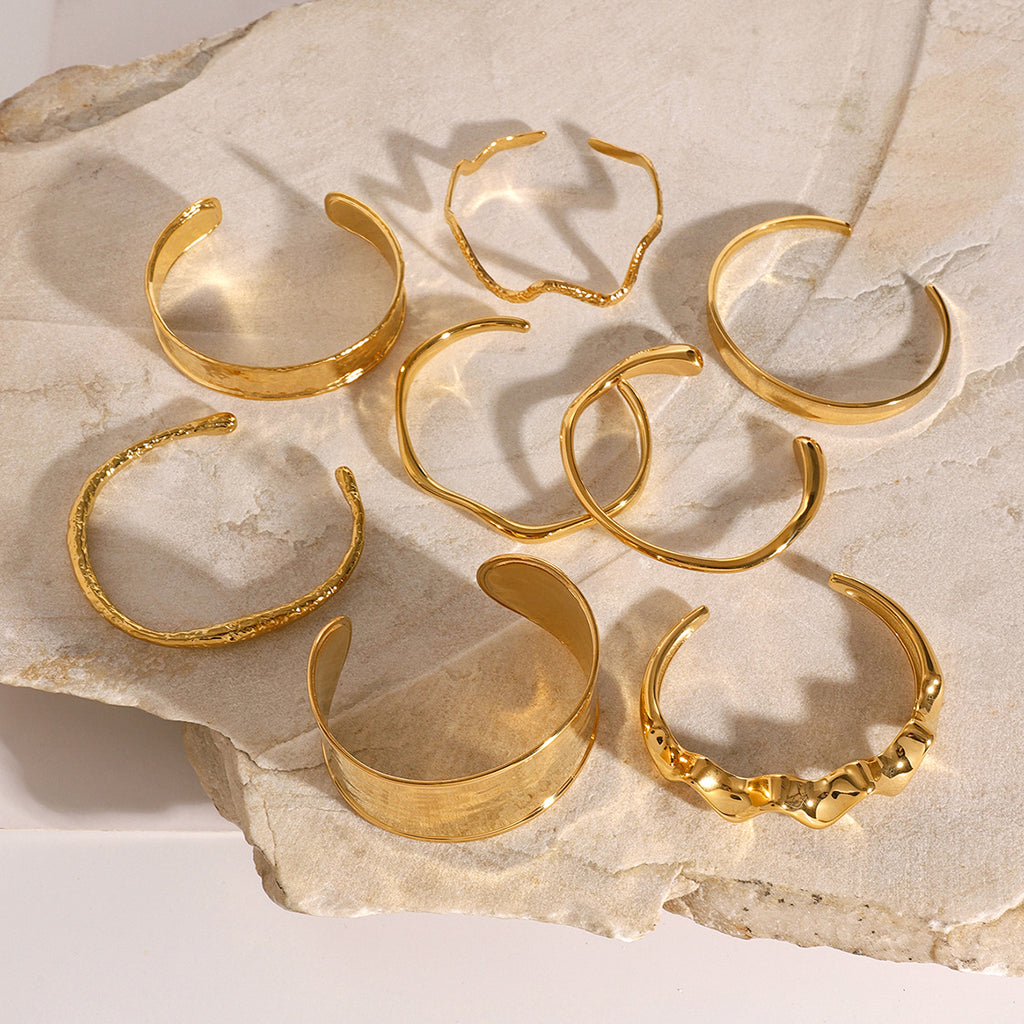 Stainless Steel18K Gold Bracelet Irregular Bangle Hammered Wave Open Bangle