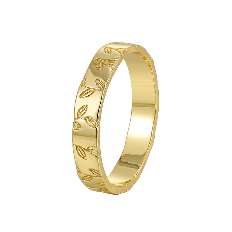 R0630 Design Leaf Pattern Ring for Women, Brass Gold-Plated, Vintage Simple Style