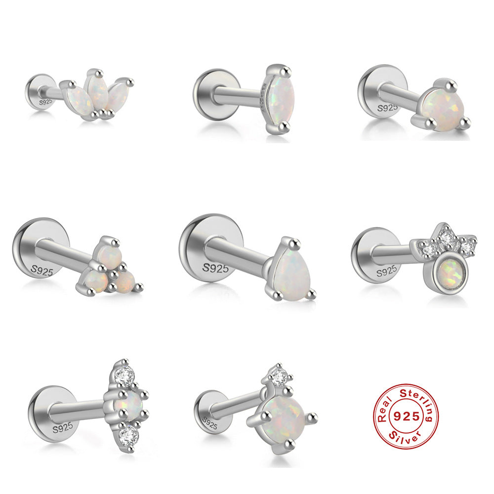 Sterling Silver925Opal Flat Head Piercing Jewelry Hot-Selling Threaded Ear Bone Stud Earrings Jewelry for Women and Men