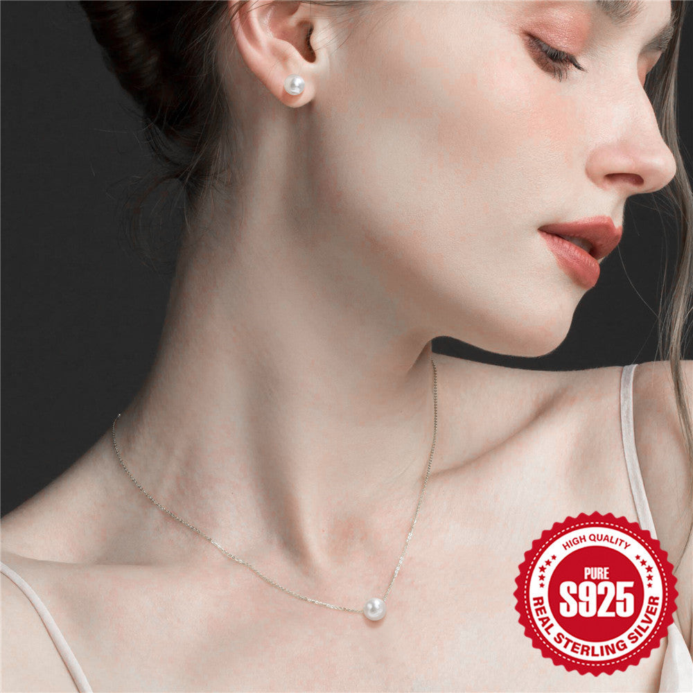 S925 Sterling Silver Pearl Earrings Necklace Set With Collarbone Chain