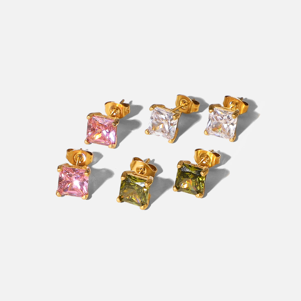 Simple and Exquisite Earrings of the Same Style18K Stainless Steel White/Pink/Tea Green Square Zircon Stud Earrings for Women