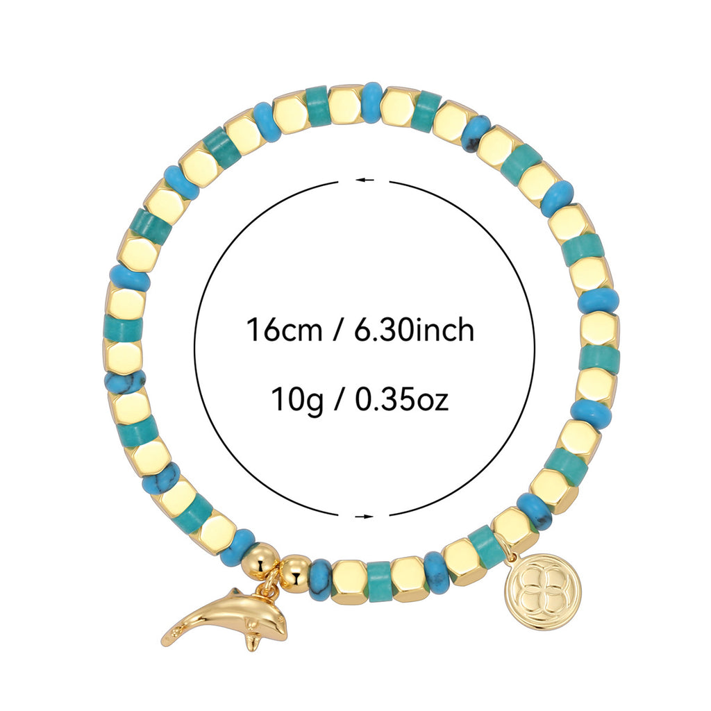 B0328 Ocean Dolphin Pendant Beaded Bracelet Fashion Bohemian Blue Turquoise Bracelet