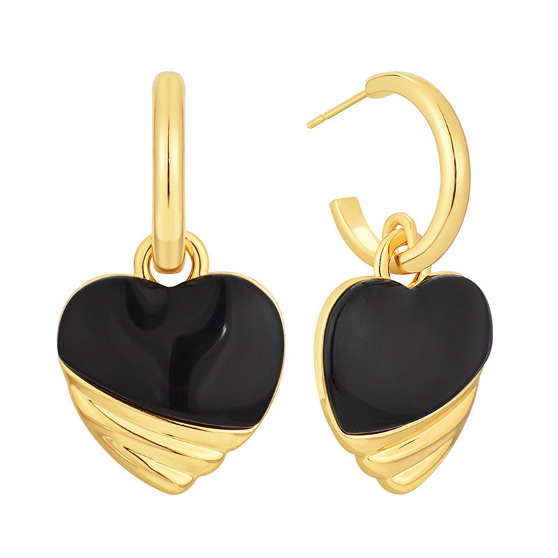 E0651 Korean Style Fashion Cute Heart-Shaped Shell Patchwork Earrings for Women Simple Retro Black Resin Drop Earrings