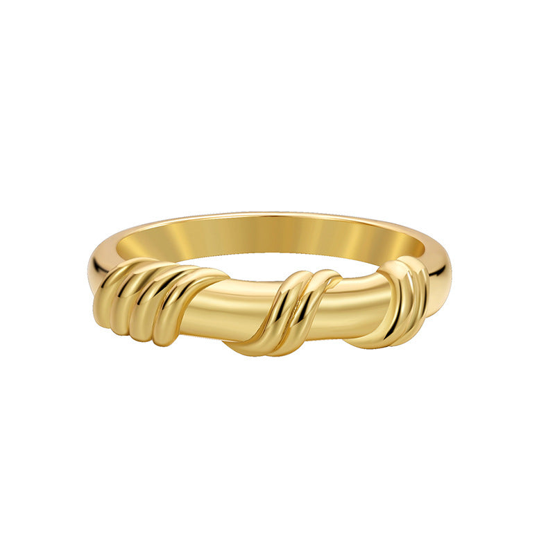 R0312 Knot Wrapped Smooth Ring for Women with Vintage Minimalist Design and Gold Plating