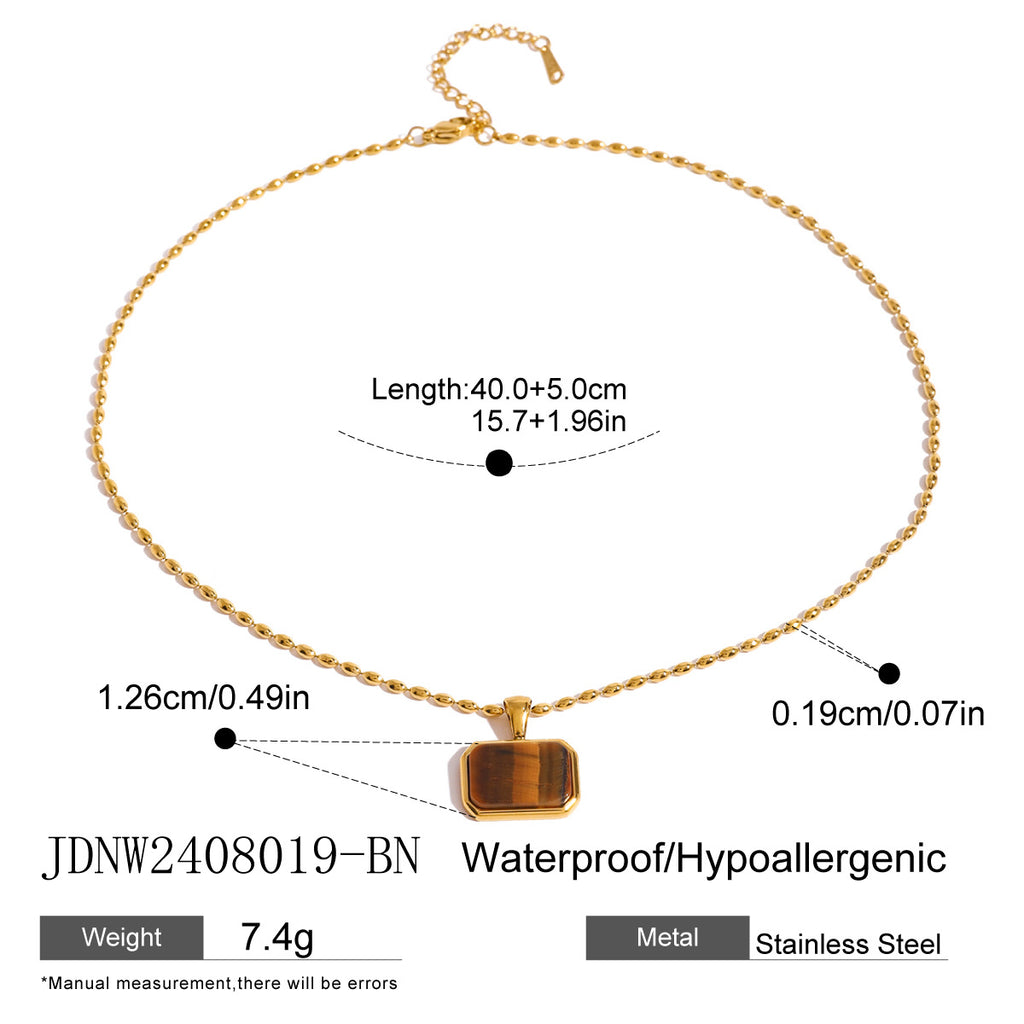 Stainless Steel Geometric Tiger Eye Natural Stone Pendant Necklace Design Sense Jewelry