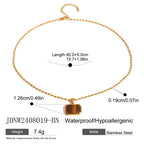 Stainless Steel Geometric Tiger Eye Natural Stone Pendant Necklace Design Sense Jewelry