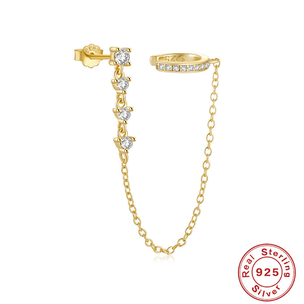 S925Sterling Silver Single Row Diamond-Studded Non-Pierced Ear Clips Tassel Single Diamond Stud Earrings Hot-Selling Earrings Jewelry