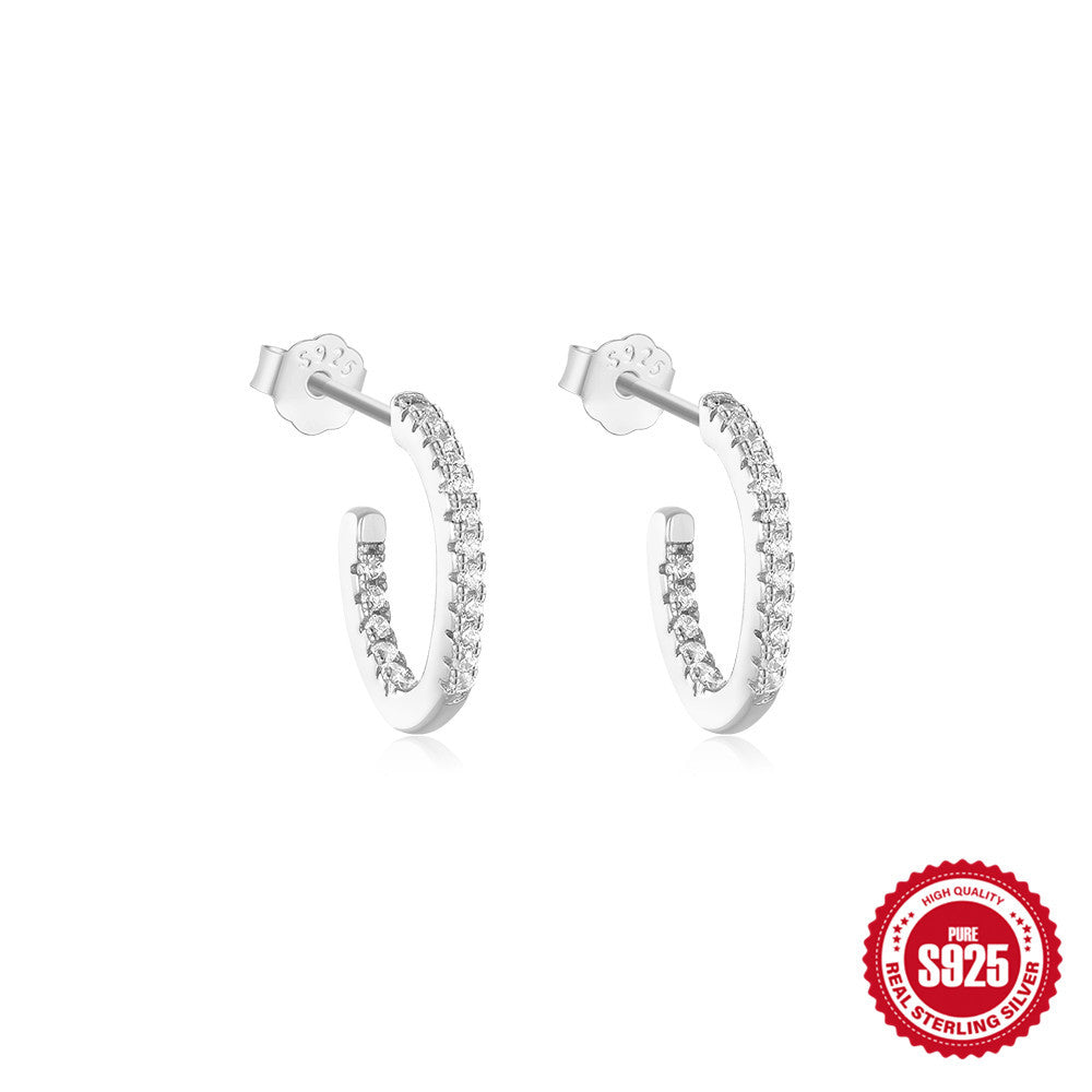 925Sterling Silver C Wave Shape Single Row Diamond Stud Earrings Hoop Earrings Hot Selling Classic Irregular Earrings