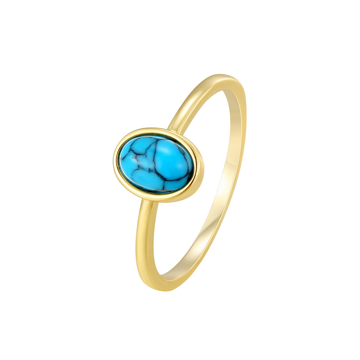 R0677 Bohemian Checkered Design Ring for Women gold Inlaid Oval Turquoise Vintage