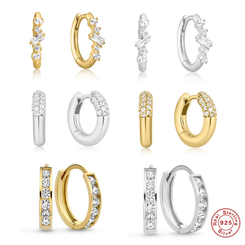 S925Sterling Silver Cluster Diamond Geometric Hoop Earrings Hot-Selling Trendy Ear Jewelry